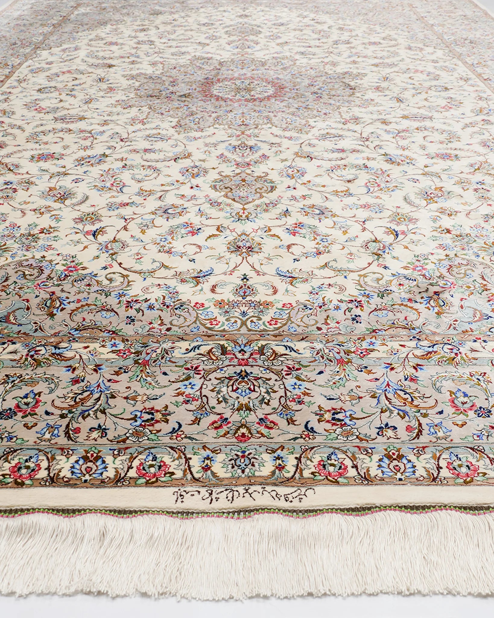 ペルシャ絨毯 カシャーン産 パディディ工房 シルク 約197cm x 298cm アイボリー ホワイト 白 手織り ラグ