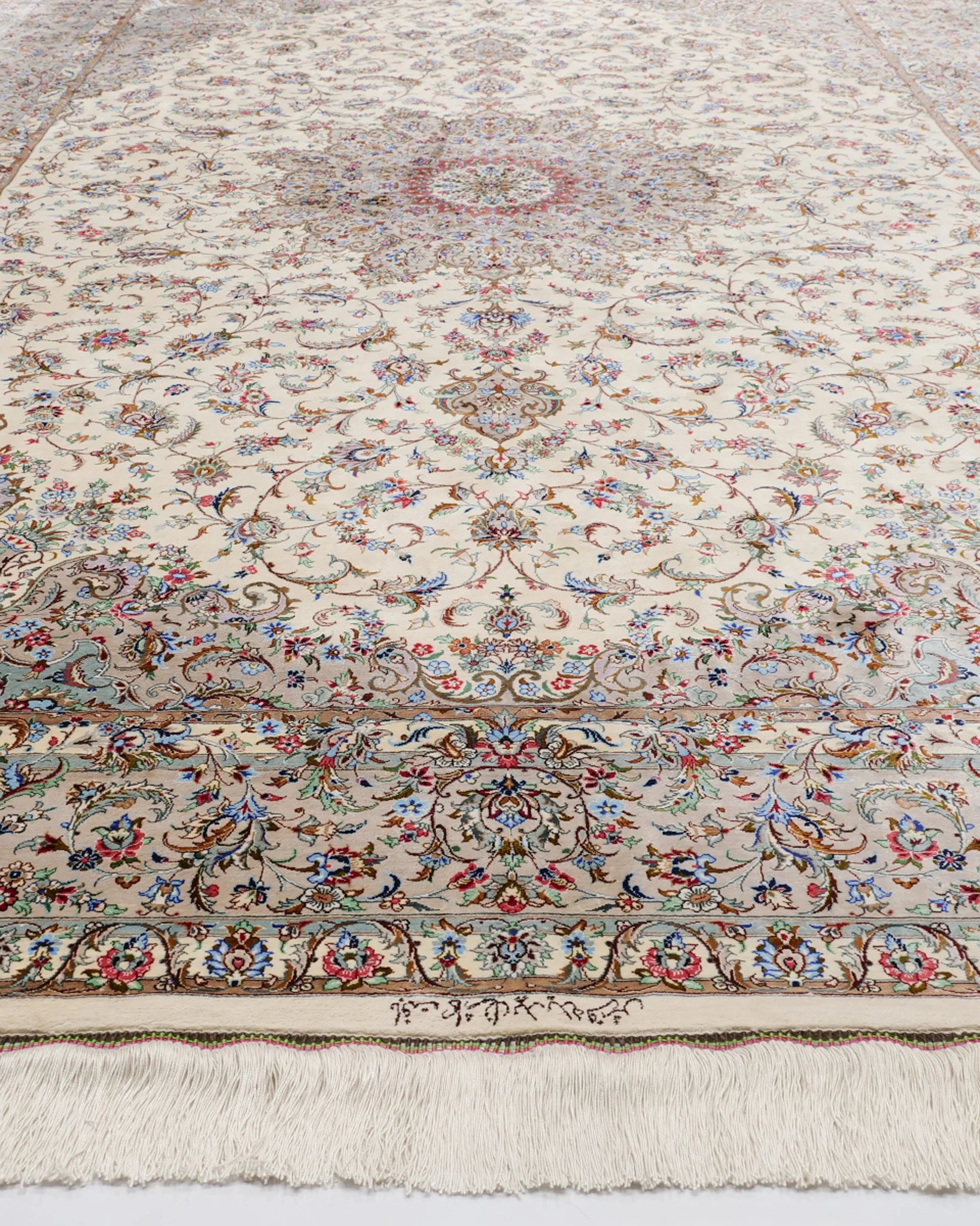 ペルシャ絨毯 カシャーン産 パディディ工房 シルク 約197cm x 298cm アイボリー ホワイト 白 手織り ラグ