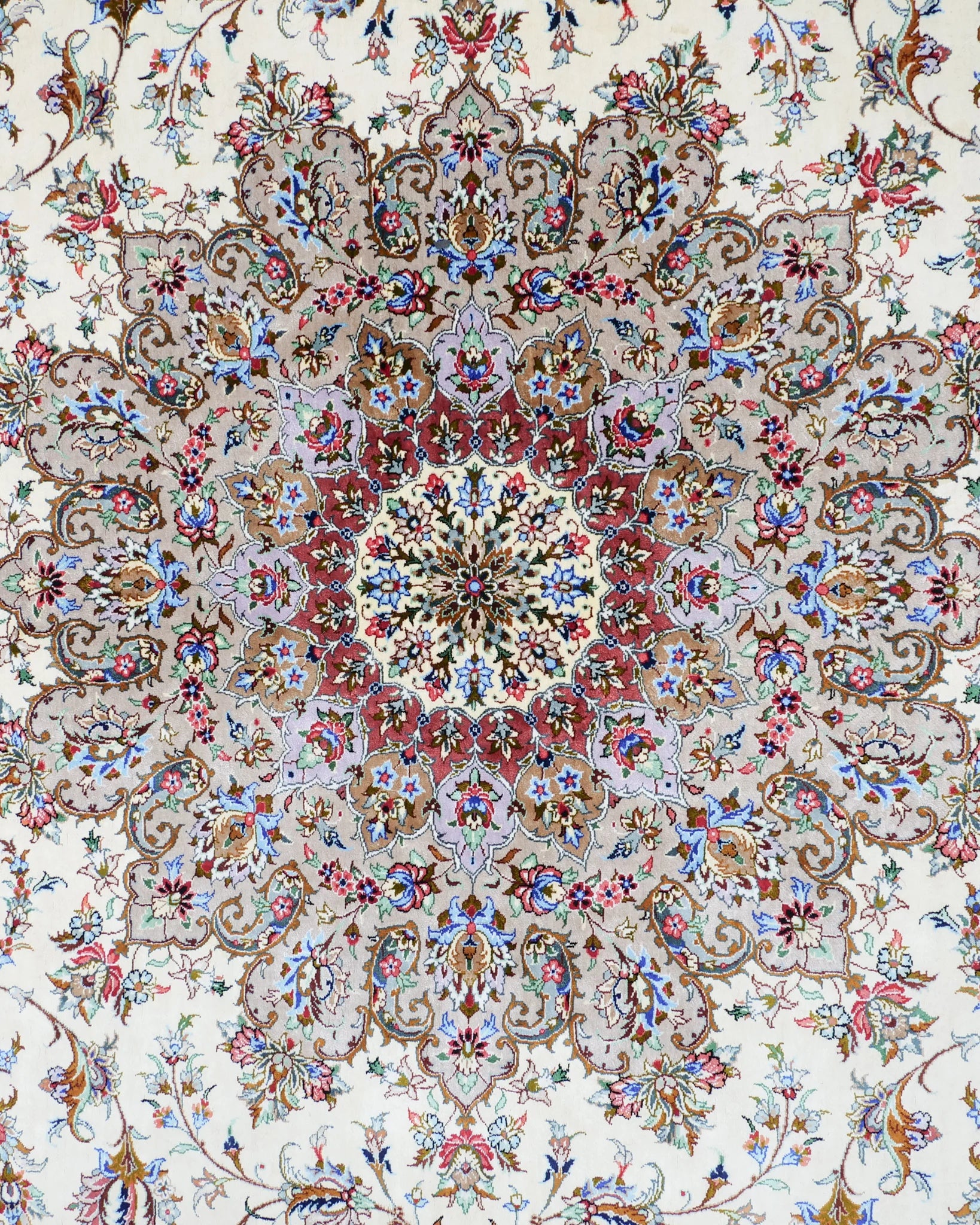 ペルシャ絨毯 カシャーン産 パディディ工房 シルク 約197cm x 298cm アイボリー ホワイト 白 手織り ラグ