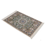 ナインのペルシャ絨毯を斜めから撮影。落ち着いた色合いと繊細な文様が際立つ玄関マットサイズの高級感ある一枚。