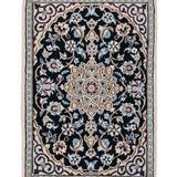 手織り ペルシャ絨毯 ナイン産 ウール&シルク 40x60cm 玄関マット 青 ブルー ラグ