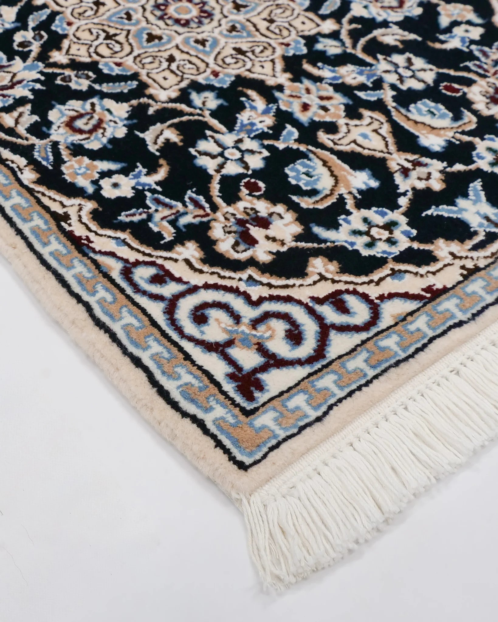 手織り ペルシャ絨毯 ナイン産 ウール&シルク 40x60cm 玄関マット 青 ブルー ラグ