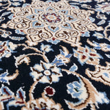 手織り ペルシャ絨毯 ナイン産 ウール&シルク 40x60cm 玄関マット 青 ブルー ラグ