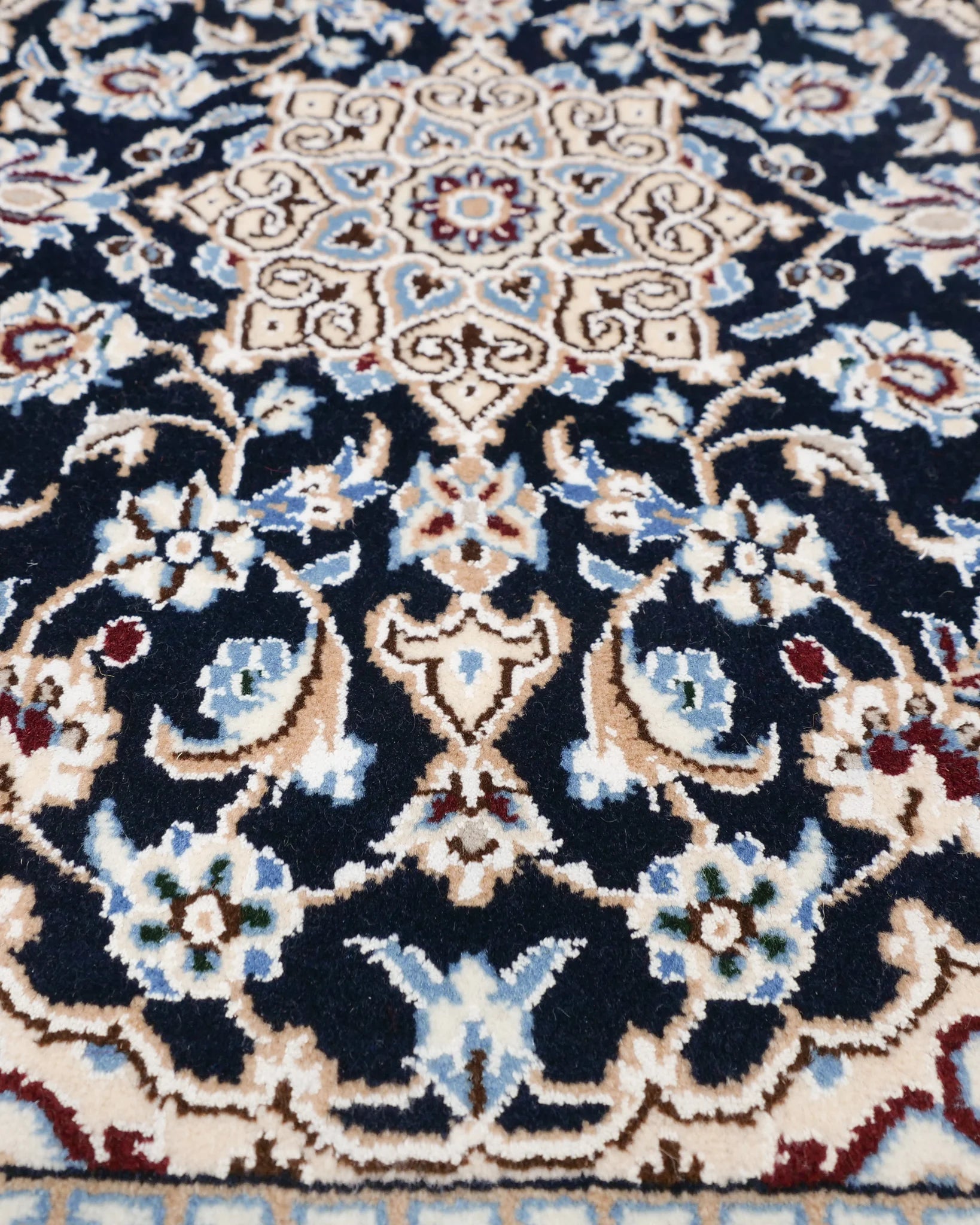 手織り ペルシャ絨毯 ナイン産 ウール&シルク 40x60cm 玄関マット 青 ブルー ラグ