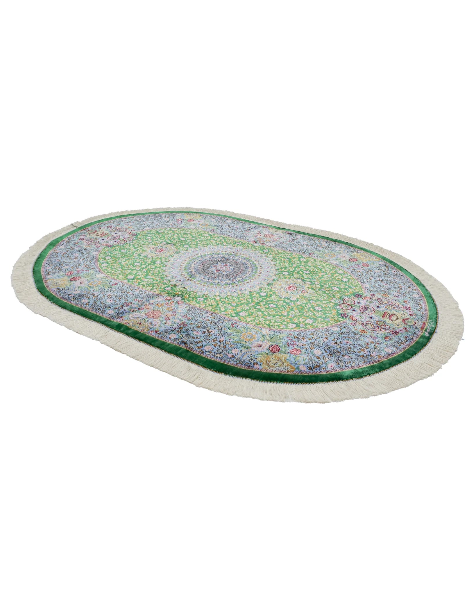 ペルシャ絨毯 クム産 シラジ工房 シルク手織りラグ(楕円形 80×119cm)ブルー×グリーン 花瓶と花模様入り 玄関マットにも最適