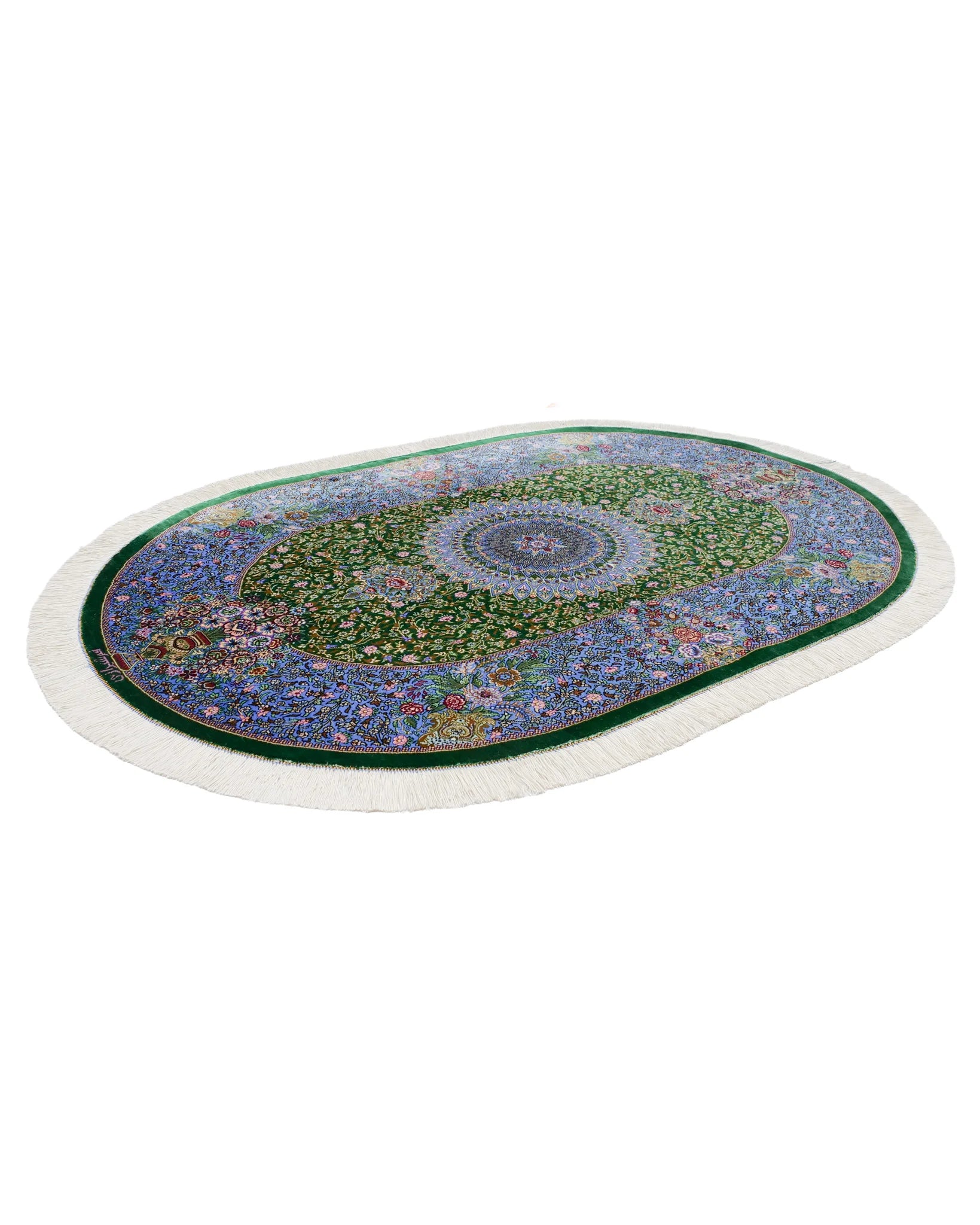 ペルシャ絨毯 クム産 シラジ工房 シルク手織りラグ(楕円形 80×119cm)ブルー×グリーン 花瓶と花模様入り 玄関マットにも最適
