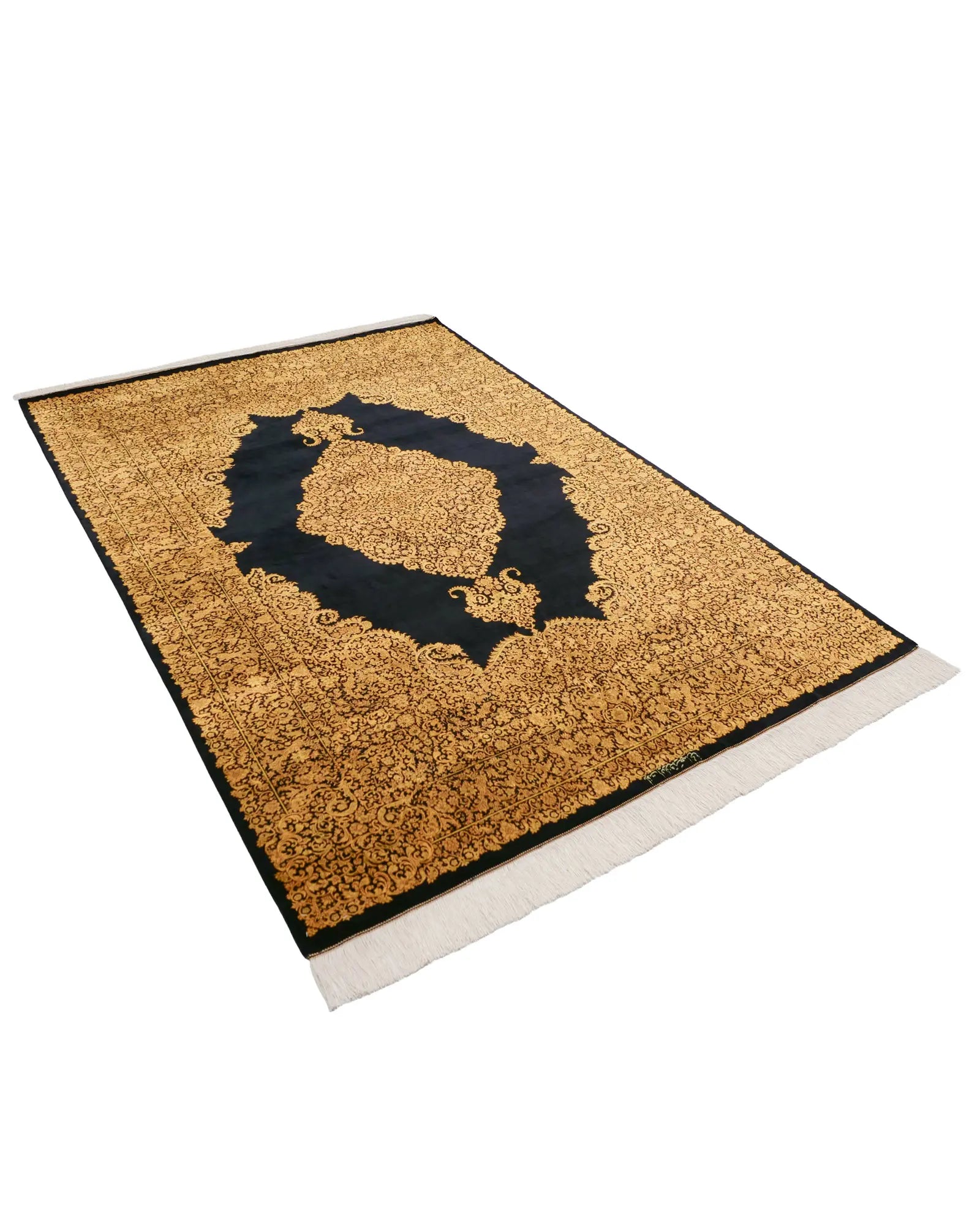 ペルシャ絨毯 サイディ工房 150x212cm クム産 シルク 黒&金 手織り ラグ