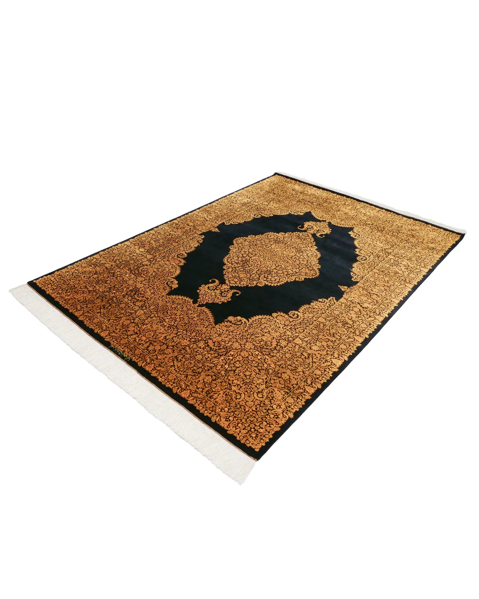 ペルシャ絨毯 サイディ工房 150x212cm クム産 シルク 黒&金 手織り ラグ