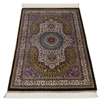 クム産高級シルク絨毯 約60×90cm アリプール工房作 唐草と小花の細密柄