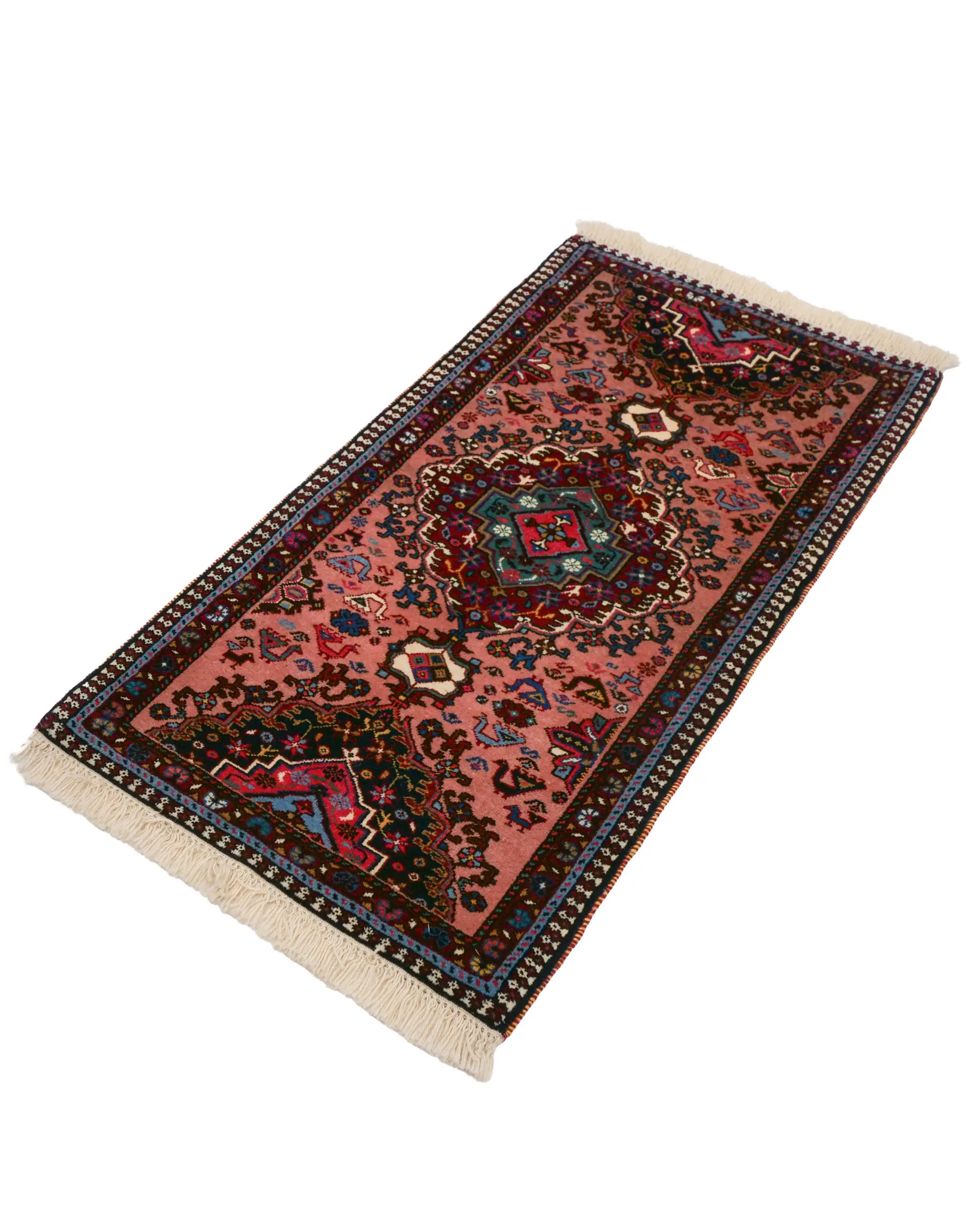 ペルシャ絨毯 ヤラメ 63x122cm ピンク トライバルラグ 細長