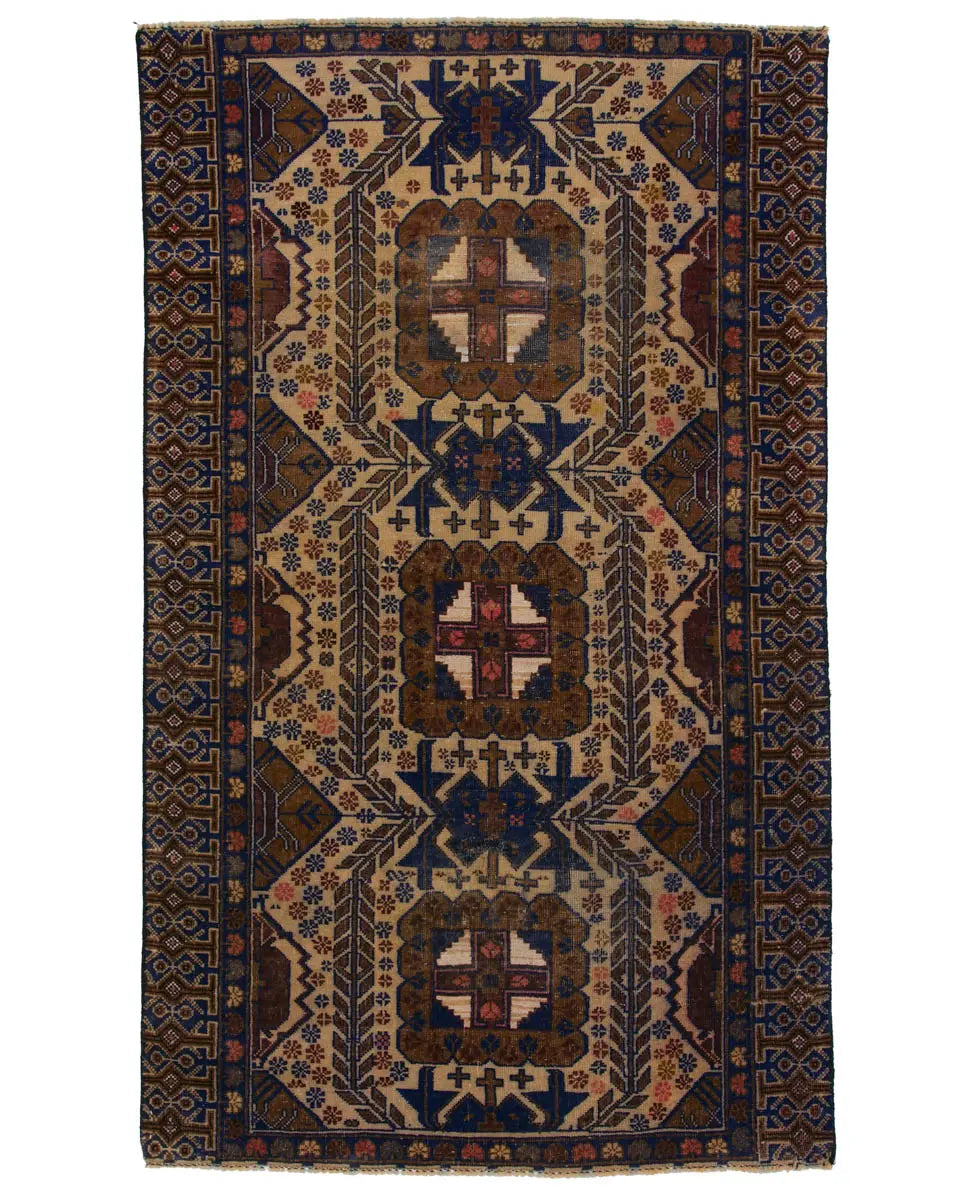 トライバルラグバルーチアフガニスタンブラウンアンティーク絨毯 ヴィンテージ トライバルラグ バルーチ族(103x173cm)
