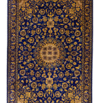 ペルシャ絨毯 玄関マット シルク 青 ブルー ゴールド クム産