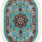 ペルシャ絨毯 クム産 楕円 シルク ブルー