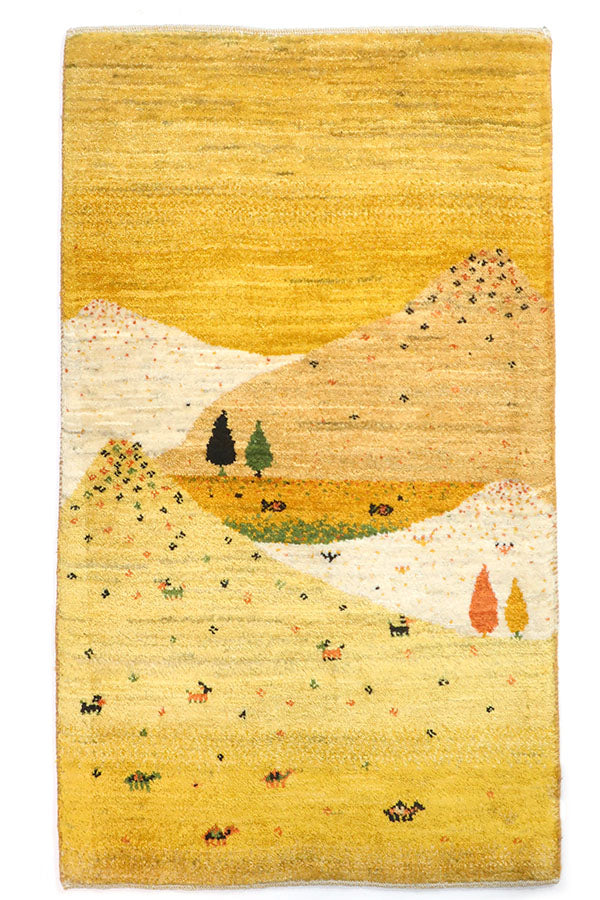 手織りペルシャ絨毯 ギャッベ ファイン 56x95cm 黄色