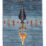 イラン・シーラーズ産の手織りペルシャ絨毯 ギャッベ 50×80cm 淡いブルーに木々のデザイン