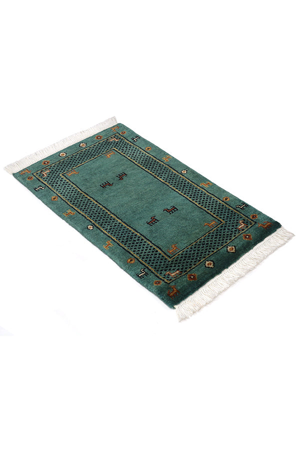 手織りアフガニスタン絨毯 45x76cm グリーン 緑 玄関マット