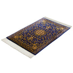 ペルシャ絨毯 玄関マット シルク 青 ブルー ゴールド クム産