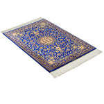 ペルシャ絨毯 玄関マット シルク 青 ブルー ゴールド クム産