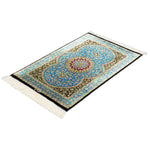 ペルシャ絨毯 玄関マット シルク 青 ブルー