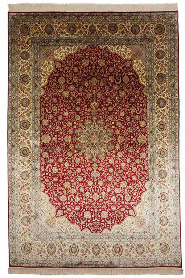 カシミール地方シルク絨毯(216x317cm)赤 リビング【絨毯専門店】