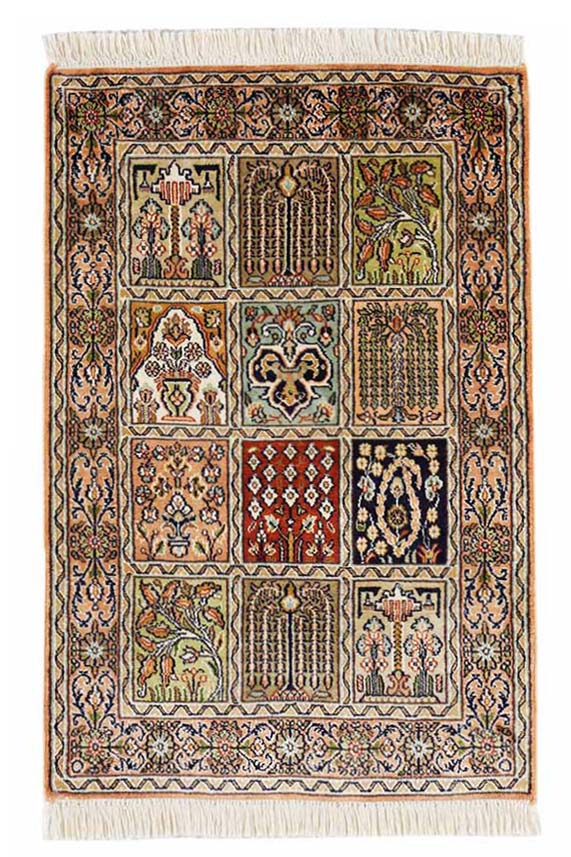 カシミールシルク絨毯(約65x95cm)ヘシティ文様 ペルシャ【絨毯専門店】