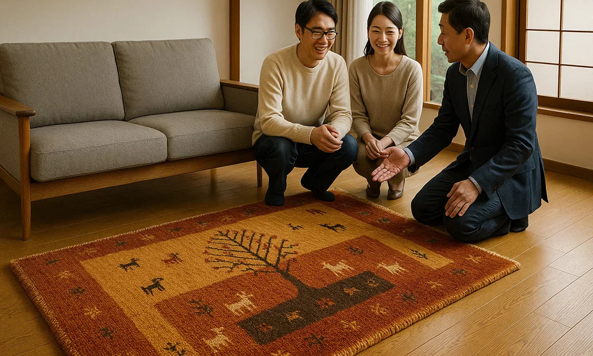 和室風の明るいリビングで、オレンジと黄色の暖色系ギャッベラグを囲んで笑顔で話す男女と販売員。ラグ中央には生命の木と鹿の文様が織り込まれており、温かみのある雰囲気が漂う。
