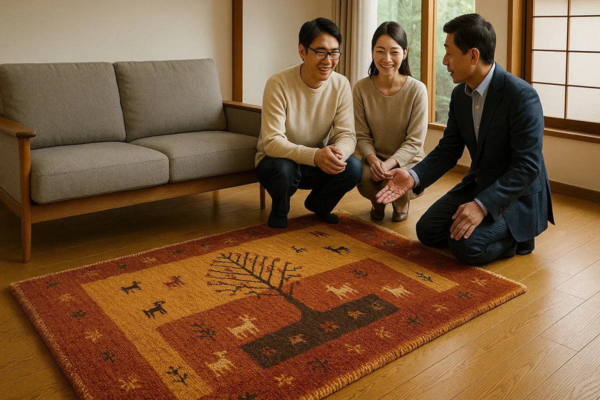 和室風の明るいリビングで、オレンジと黄色の暖色系ギャッベラグを囲んで笑顔で話す男女と販売員。ラグ中央には生命の木と鹿の文様が織り込まれており、温かみのある雰囲気が漂う。