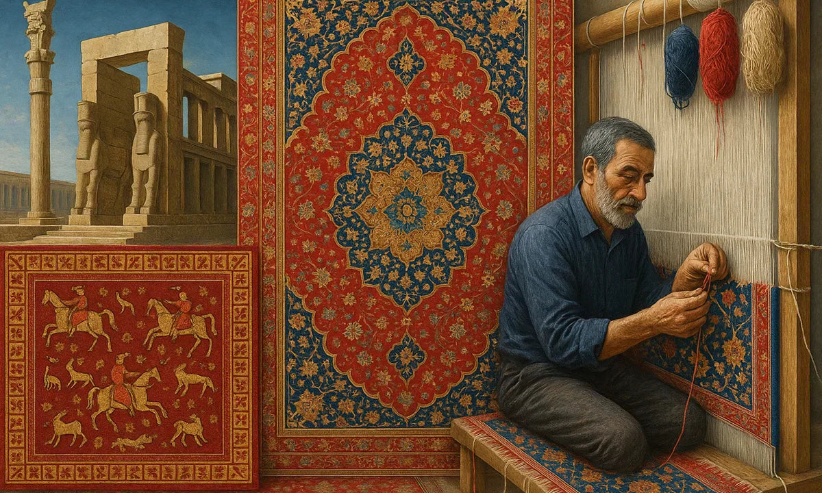 2500年の歴史を持つペルシャ絨毯の変遷を描いたリアルな絵画。左には古代ペルシャの宮殿遺跡と『パジリク絨毯』風の動物文様、中央にはサファヴィー朝時代の赤・青・金を基調とした花柄メダリオン絨毯、右には現代イランの職人が赤い糸を手織りしている様子が細密に描かれている。