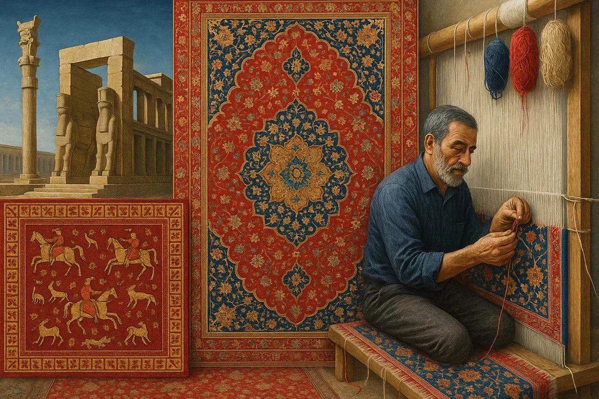 2500年の歴史を持つペルシャ絨毯の変遷を描いたリアルな絵画。左には古代ペルシャの宮殿遺跡と『パジリク絨毯』風の動物文様、中央にはサファヴィー朝時代の赤・青・金を基調とした花柄メダリオン絨毯、右には現代イランの職人が赤い糸を手織りしている様子が細密に描かれている。