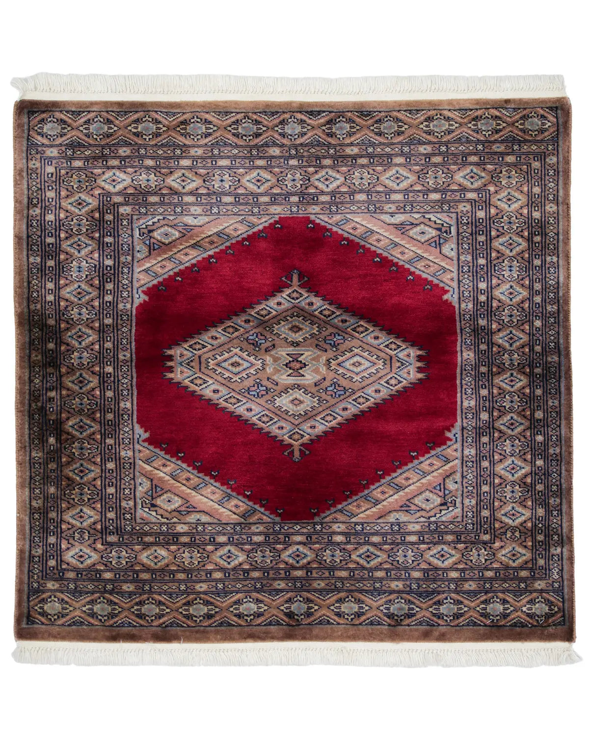 パキスタン絨毯 ラホール産 ウール 89x92cm 赤 レッド 正方形 手織り