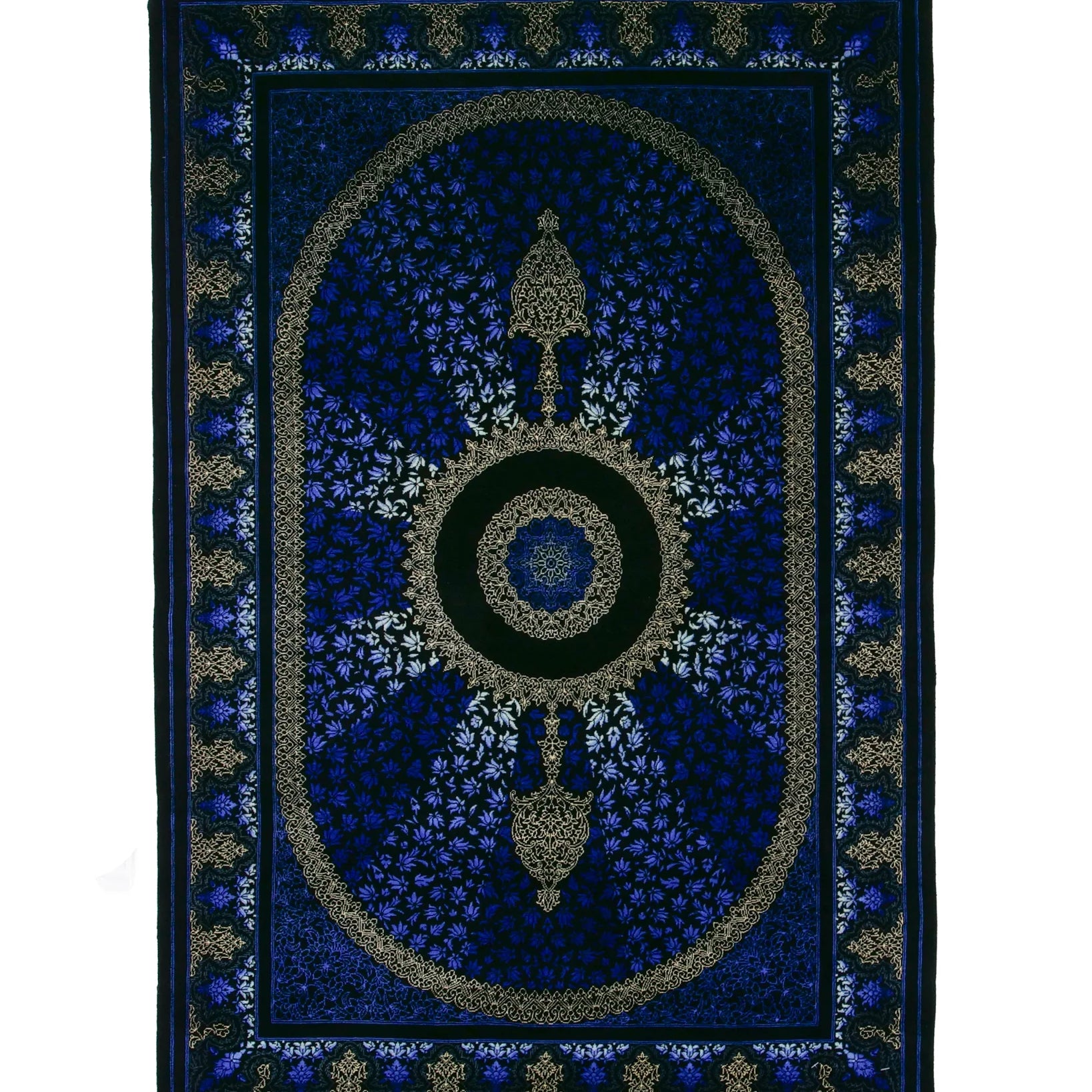 ペルシャ絨毯 クム産 カンバルザデ工房製 シルク手織りラグ（約80×120cm）青と黒のグラデーション、メダリオンとガンディール文様入り