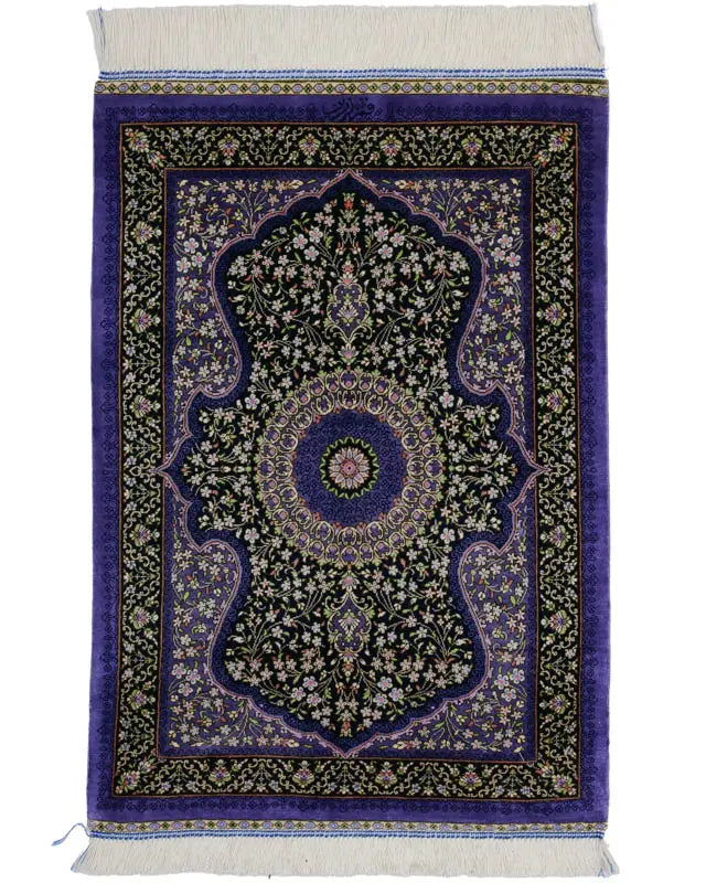 ペルシャ絨毯 クム産 ザリン工房 シルク 50×72cm 青 玄関マット 手織り