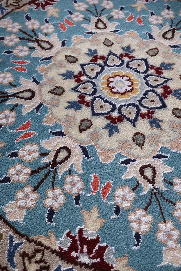 ペルシャ絨毯 円形 ナイン ウール 青