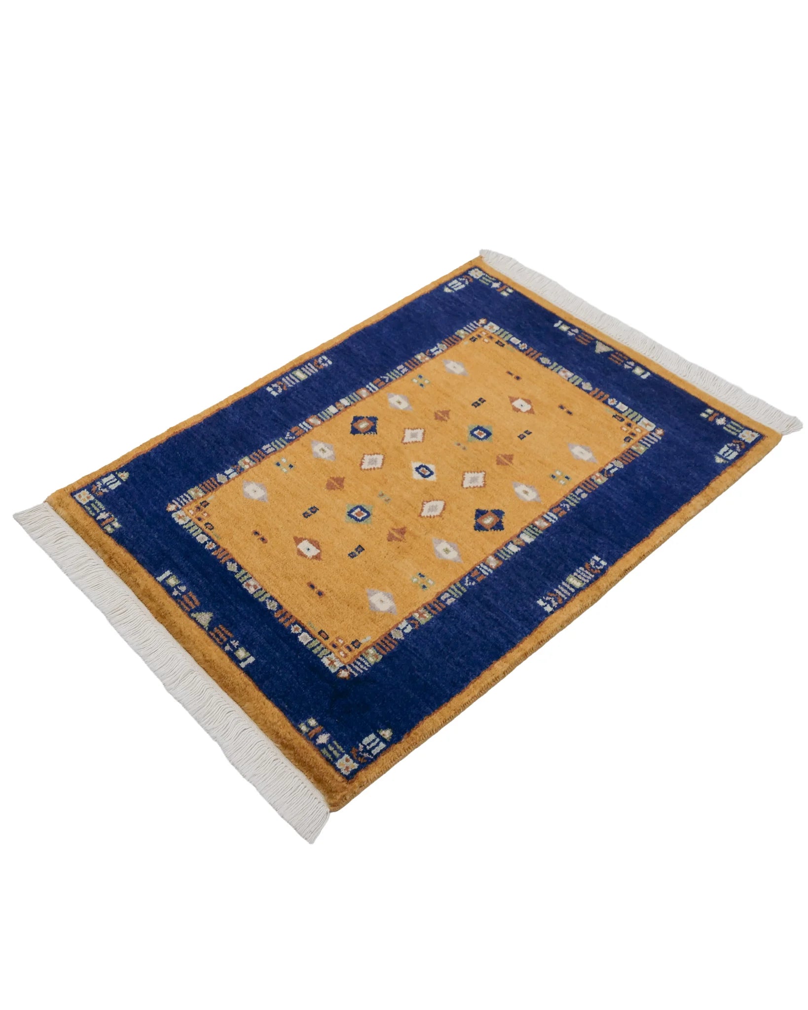 アフガニスタン絨毯 ガズニ 約65×91cm 藍色 キャメル 小さなモチーフ柄