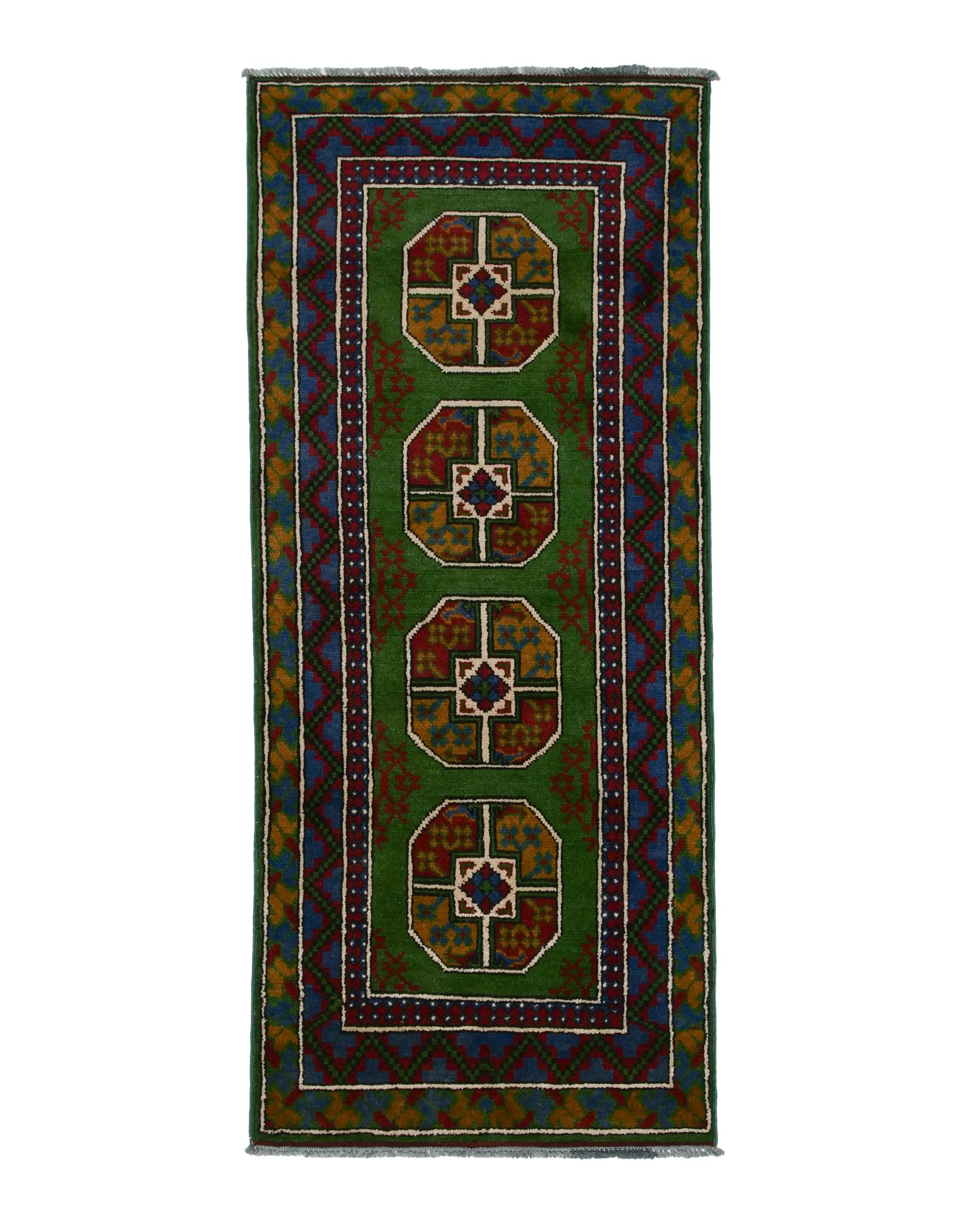 アフガニスタン手織り絨毯 ランナー 細長 79×198cm 深緑基調 ギュル文様 八角形モチーフ 渋みのある色合い