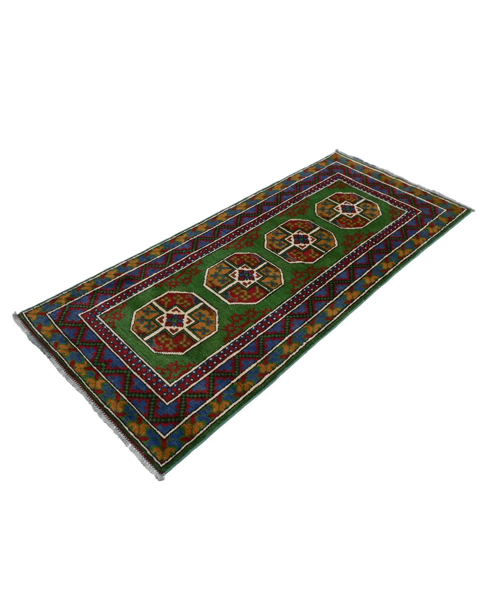 アフガニスタン手織り絨毯 ランナー 細長 79×198cm 深緑基調 ギュル文様 八角形モチーフ 渋みのある色合い