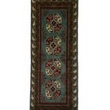 アフガニスタン手織り絨毯 ランナーサイズ 79×198cm 青緑の地に赤とアイボリーの八角形ギュル文様が織り込まれたウール製ラグ