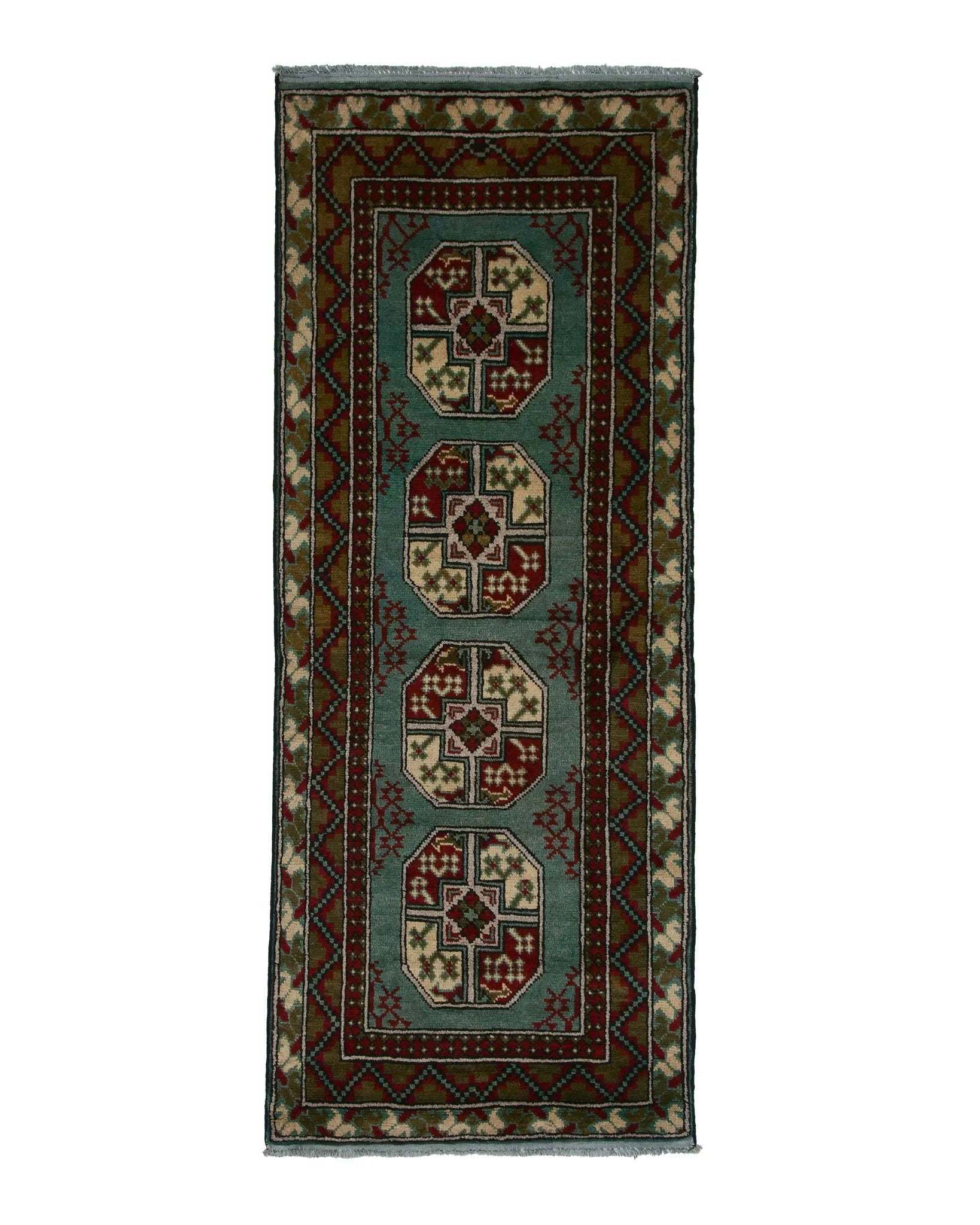 アフガニスタン手織り絨毯 ランナーサイズ 79×198cm 青緑の地に赤とアイボリーの八角形ギュル文様が織り込まれたウール製ラグ