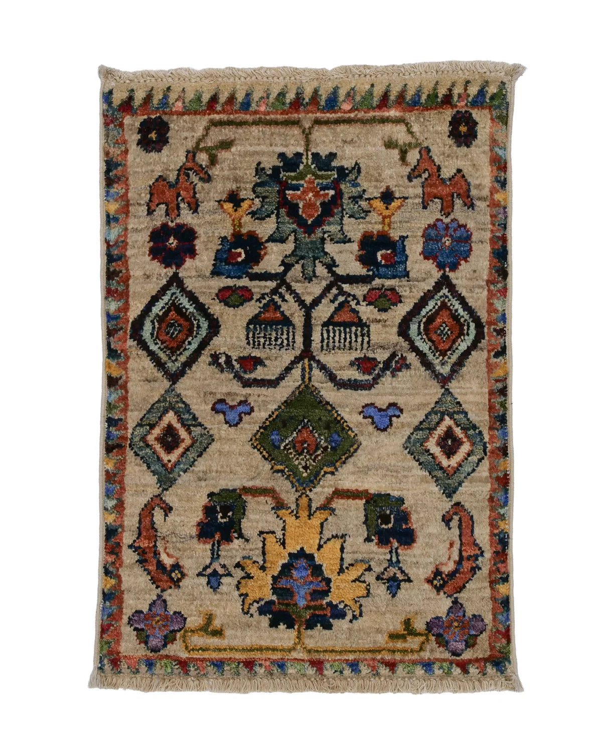 ガズニウールの手織り絨毯 ベージュ地に花と幾何学模様