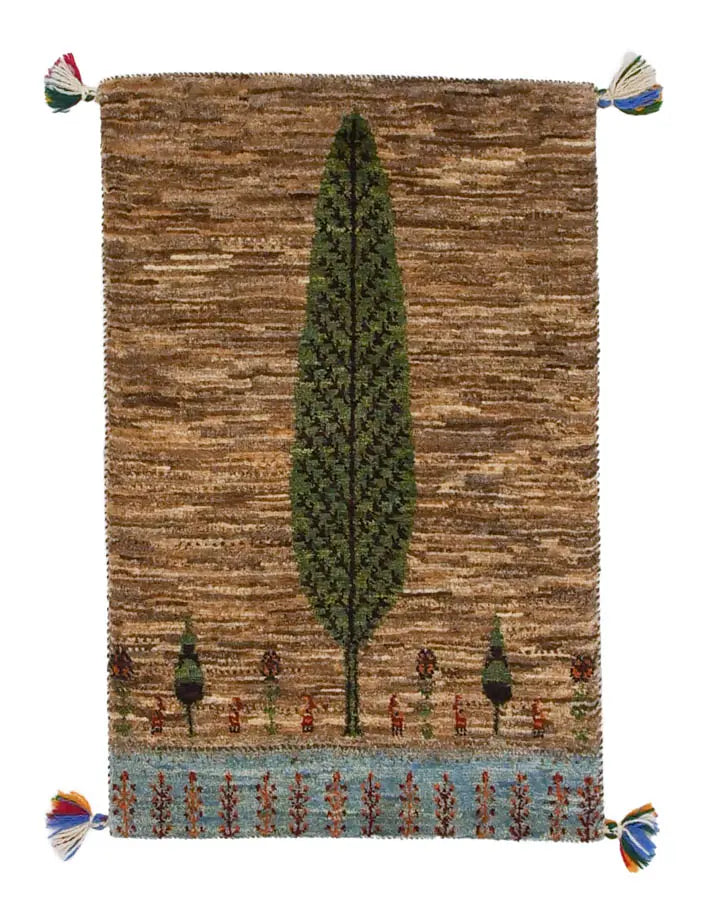 ペルシャ絨毯 ギャッベ 50x80cm 糸杉 ウール100％ 玄関マット 手織りラグ 茶色 