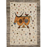 ペルシャ絨毯 ギャッベ カシュクリ 65x98cm 玄関マット 牛 ナチュラル ウール100％ 手織り ラグ