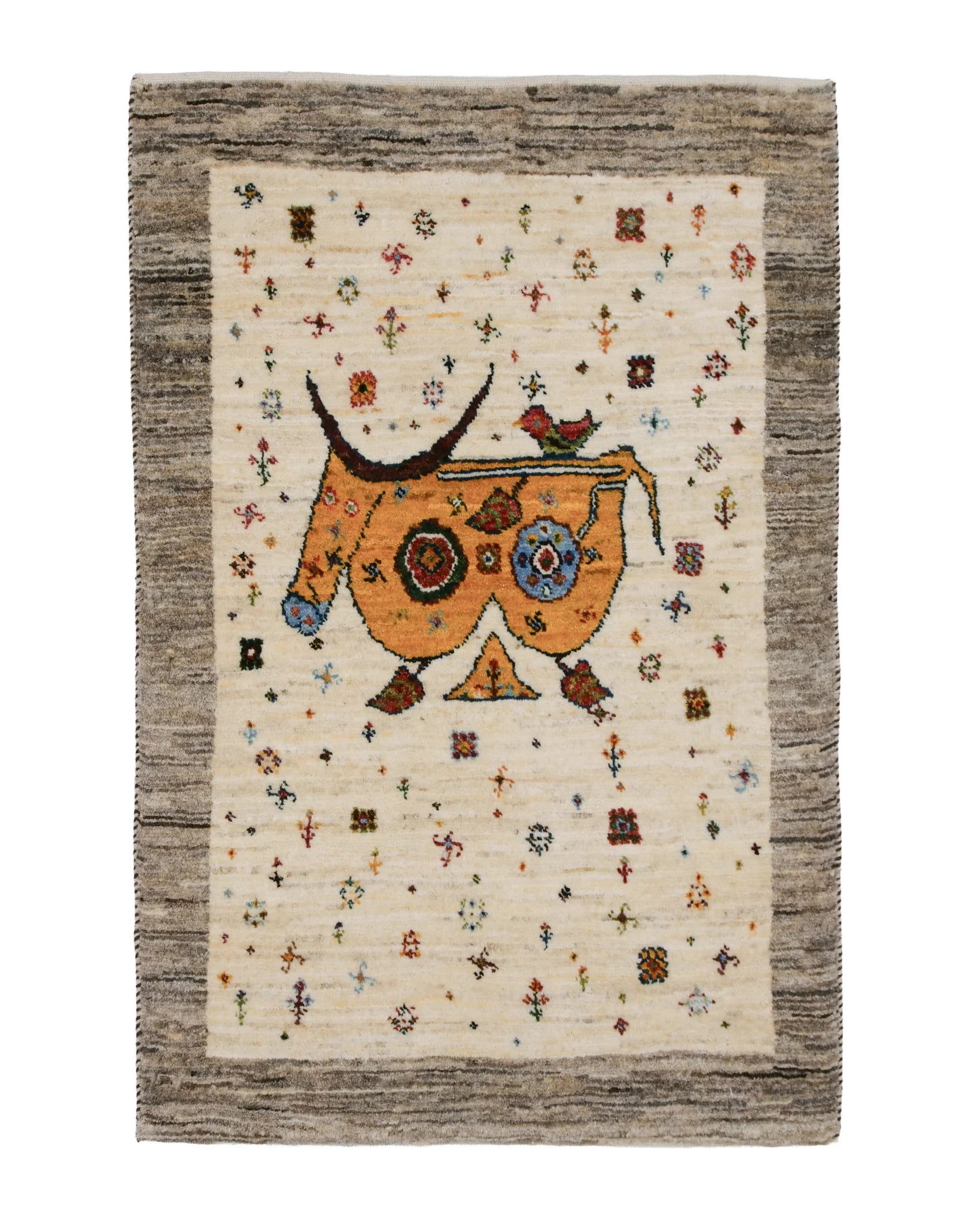 ペルシャ絨毯 ギャッベ カシュクリ 65x98cm 玄関マット 牛 ナチュラル ウール100％ 手織り ラグ