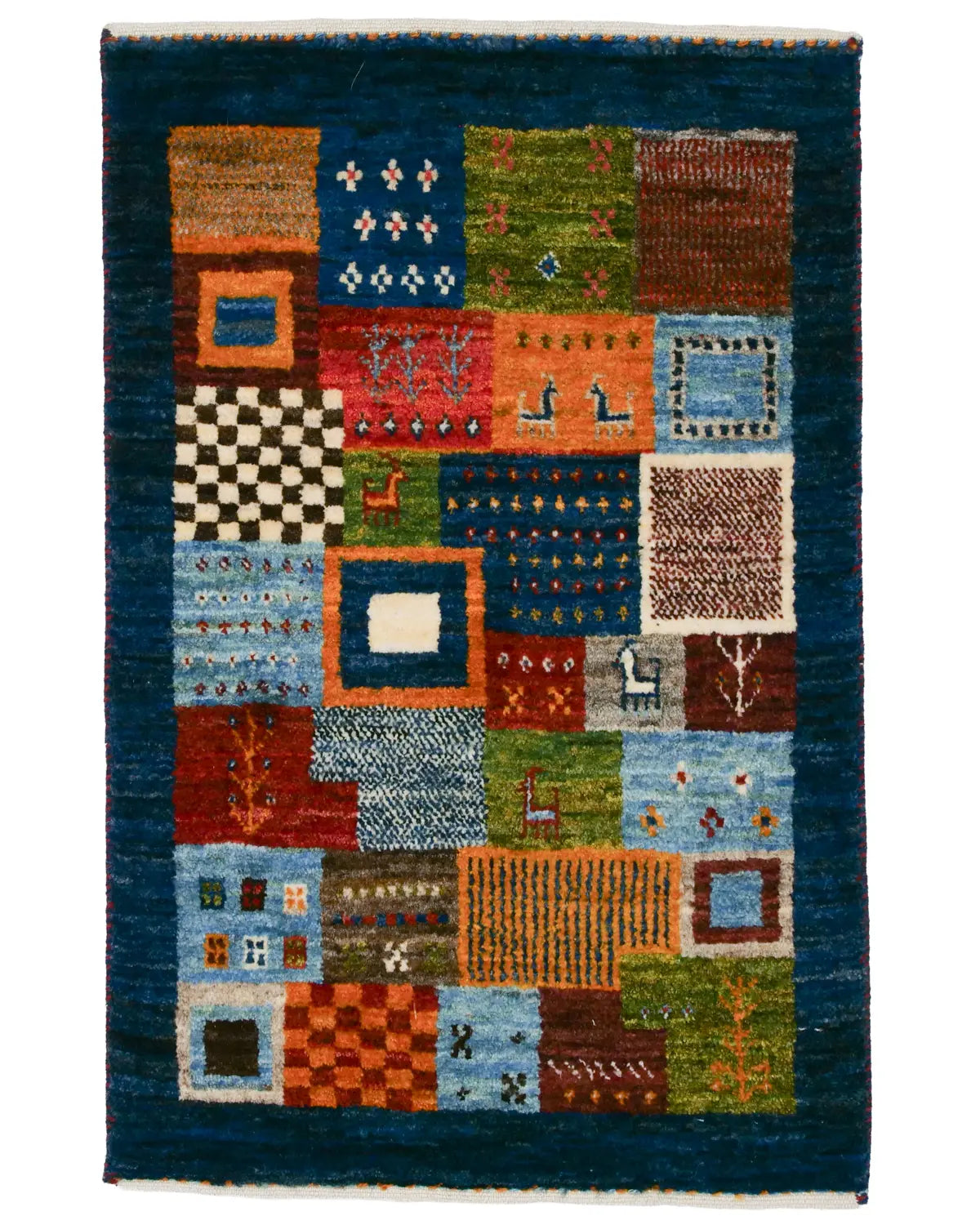 青・緑・オレンジのブロックギャッベ