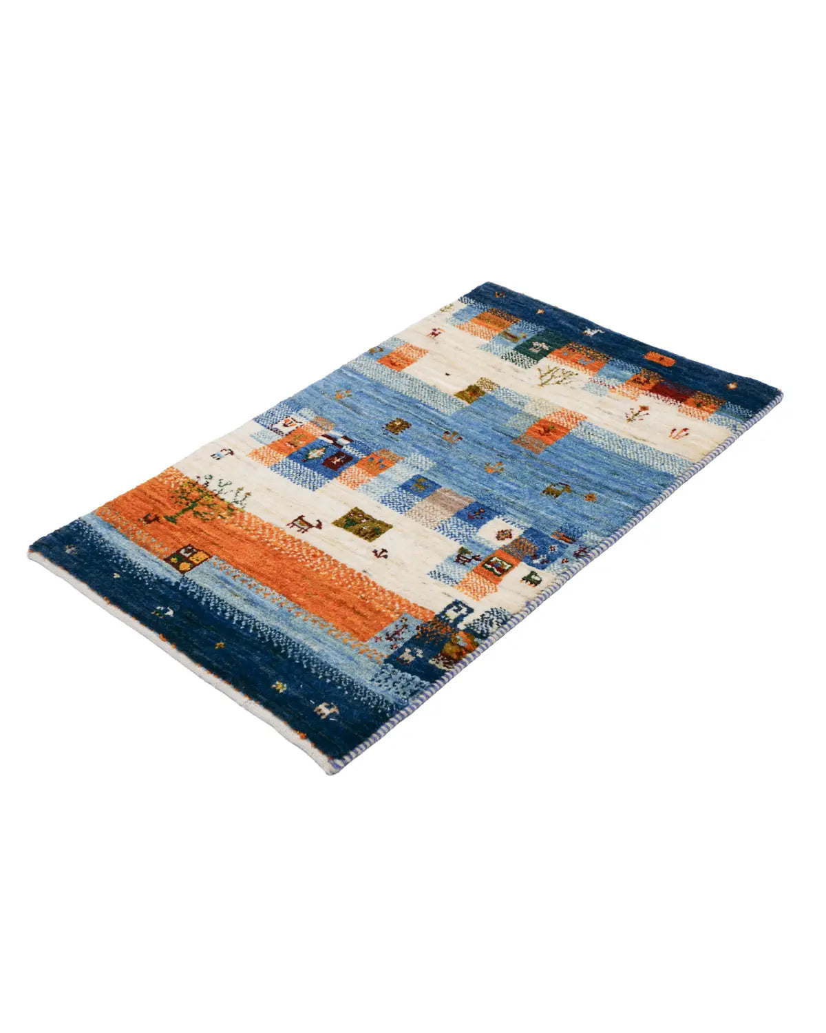 青とオレンジのブロック柄が美しいギャッベ