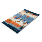 青とオレンジのブロック柄が美しいギャッベ