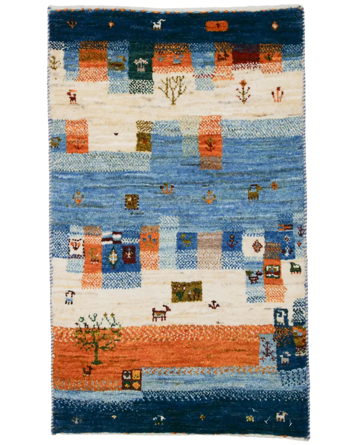 青×オレンジのパッチワークギャッベ