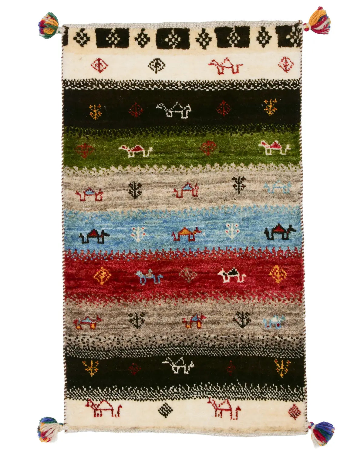 黒・緑・青・赤の横縞にラクダが織り込まれたカラフルギャッベ。