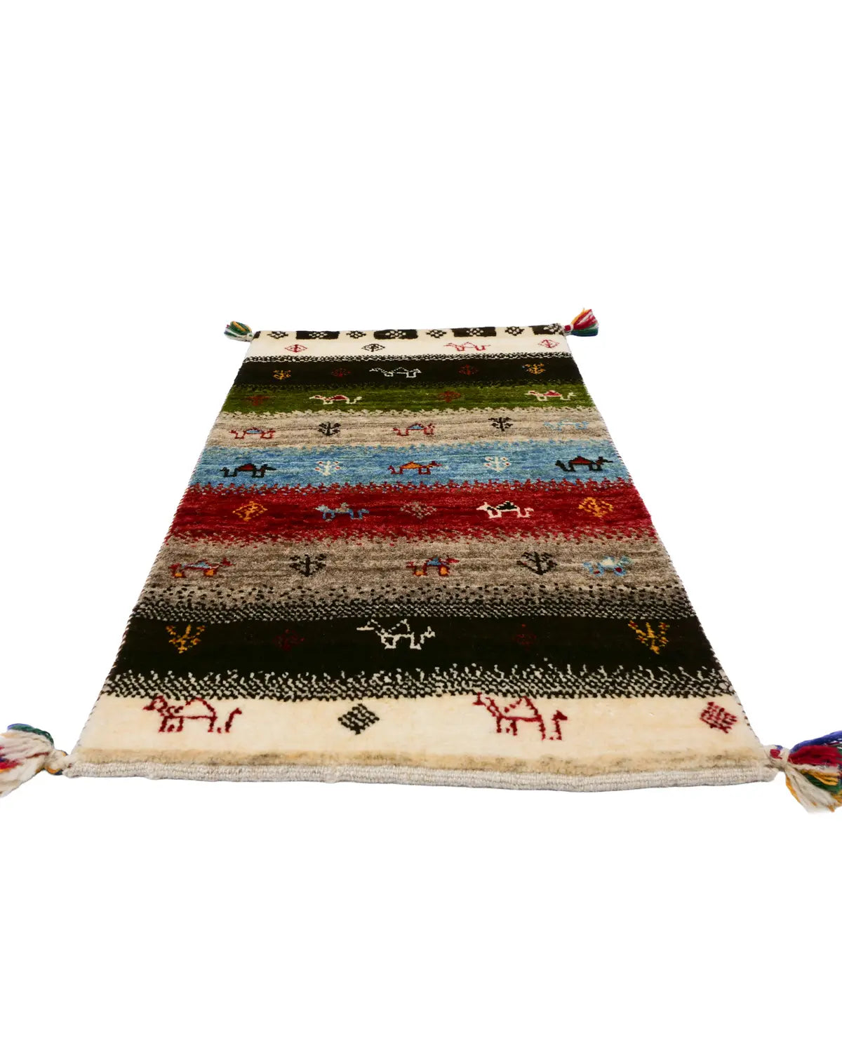 カラフルな配色が美しい手織りギャッベ。