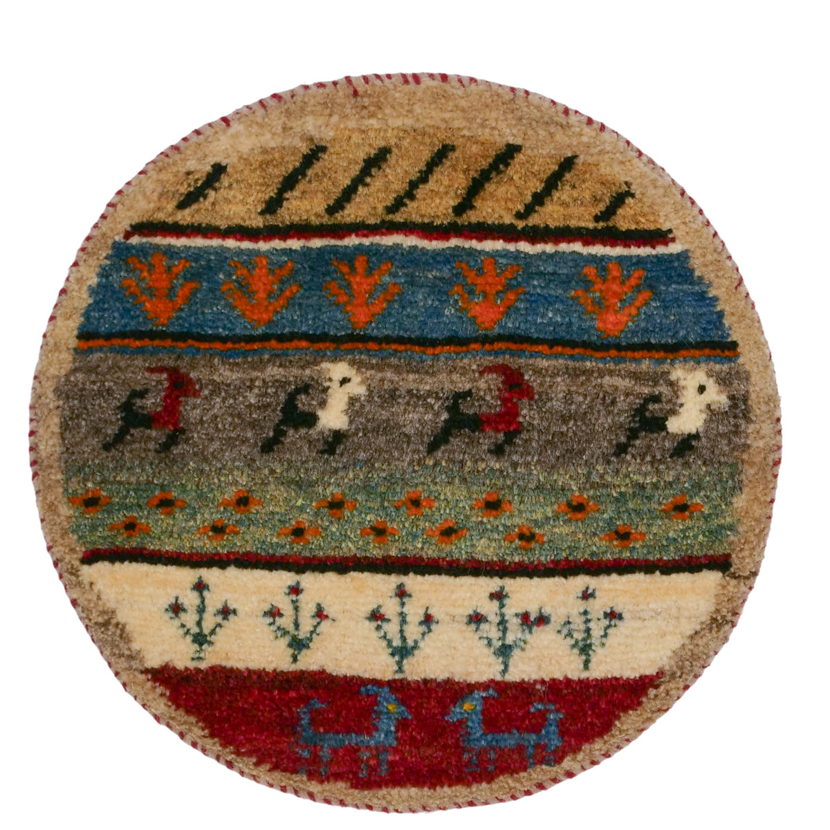 シーラーズ産ウール手織りギャッベ 円形 動物文様 ラグ