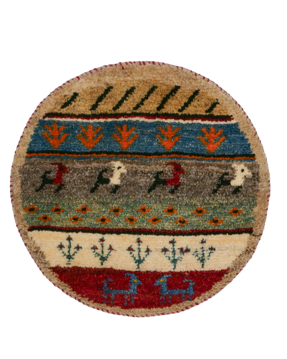 シーラーズ産ウール手織りギャッベ 円形 動物文様 ラグ
